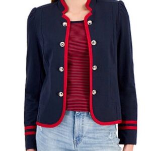 Tommy Hilfiger Navy Red Trim Military Jacket Knit Stretch Gold Buttons Women L
